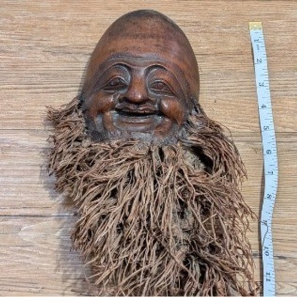 Vintage Hand Carved Bamboo Root Shou Lao Mask God of Longevity Wall Art 14.5"